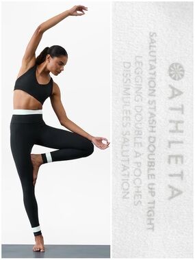 Athleta Black Leggings with White Contrast Waistband & Ankle Bands